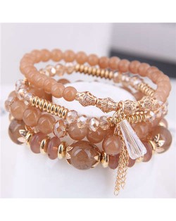 Tassel Decorated Crystal Beads Multi-layer High Fashion Women Bracelets - Brown