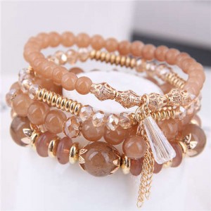 Tassel Decorated Crystal Beads Multi-layer High Fashion Women Bracelets - Brown