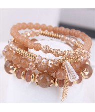 Tassel Decorated Crystal Beads Multi-layer High Fashion Women Bracelets - Brown