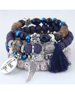 Alloy Wing and Cotton Threads Tassel Love Fashion Four Layers Women Beads Costume Bracelets - Blue