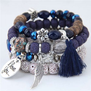 Alloy Wing and Cotton Threads Tassel Love Fashion Four Layers Women Beads Costume Bracelets - Blue