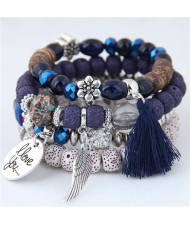 Alloy Wing and Cotton Threads Tassel Love Fashion Four Layers Women Beads Costume Bracelets - Blue