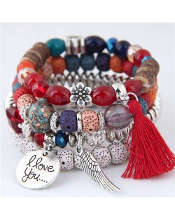 Alloy Wing and Cotton Threads Tassel Love Fashion Four Layers Women Beads Costume Bracelets - Red