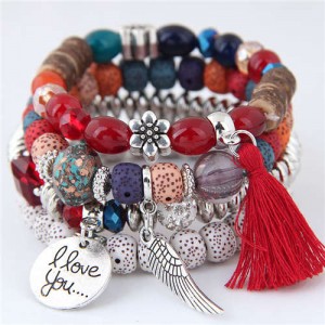 Alloy Wing and Cotton Threads Tassel Love Fashion Four Layers Women Beads Costume Bracelets - Red