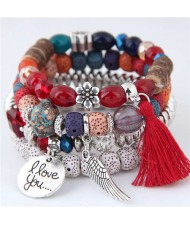 Alloy Wing and Cotton Threads Tassel Love Fashion Four Layers Women Beads Costume Bracelets - Red