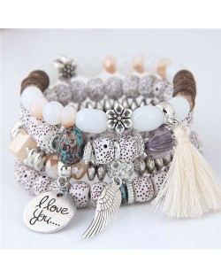 Alloy Wing and Cotton Threads Tassel Love Fashion Four Layers Women Beads Costume Bracelets - White