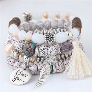 Alloy Wing and Cotton Threads Tassel Love Fashion Four Layers Women Beads Costume Bracelets - White