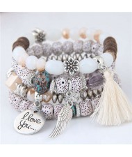 Alloy Wing and Cotton Threads Tassel Love Fashion Four Layers Women Beads Costume Bracelets - White