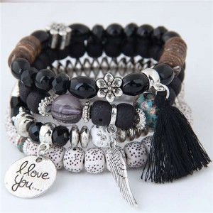 Alloy Wing and Cotton Threads Tassel Love Fashion Four Layers Women Beads Costume Bracelets - Black
