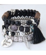 Alloy Wing and Cotton Threads Tassel Love Fashion Four Layers Women Beads Costume Bracelets - Black