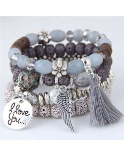 Alloy Wing and Cotton Threads Tassel Love Fashion Four Layers Women Beads Costume Bracelets - Gray