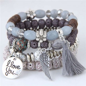Alloy Wing and Cotton Threads Tassel Love Fashion Four Layers Women Beads Costume Bracelets - Gray