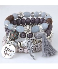 Alloy Wing and Cotton Threads Tassel Love Fashion Four Layers Women Beads Costume Bracelets - Gray