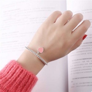 Vintage Peach Heart Pendant Korean Fashion Beads Style Women White Copper Bracelet - Pink