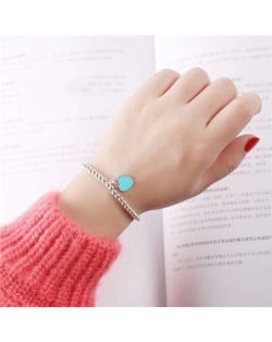 Vintage Peach Heart Pendant Korean Fashion Beads Style Women White Copper Bracelet - Blue