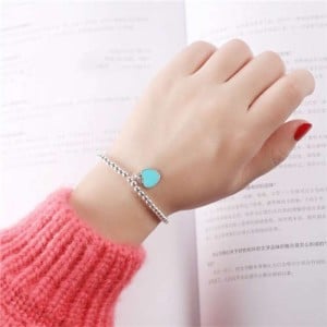 Vintage Peach Heart Pendant Korean Fashion Beads Style Women White Copper Bracelet - Blue