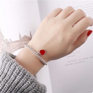 Vintage Peach Heart Pendant Korean Fashion Beads Style Women White Copper Bracelet - Red