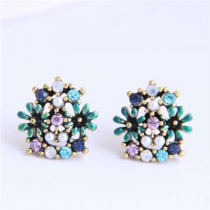 Korean Fashion Rhinestone Embellished Daisy Cluster Design Graceful Alloy Women Earrings