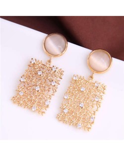 Opal Embellished Dangling Leaves and Floral Oblong Shape Design Women Fashion Alloy Earrings