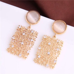 Opal Embellished Dangling Leaves and Floral Oblong Shape Design Women Fashion Alloy Earrings