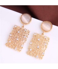 Opal Embellished Dangling Leaves and Floral Oblong Shape Design Women Fashion Alloy Earrings