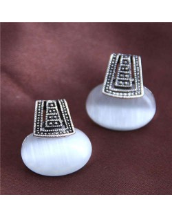 Opal Inlaid Vintage Folk Design High Fashion Women Alloy Earrings