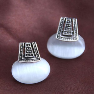 Opal Inlaid Vintage Folk Design High Fashion Women Alloy Earrings