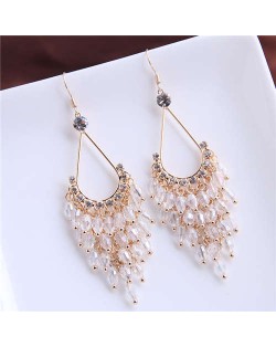 Elegant Crystal Beads High Fashion Women Tassel Drop Earrings - White