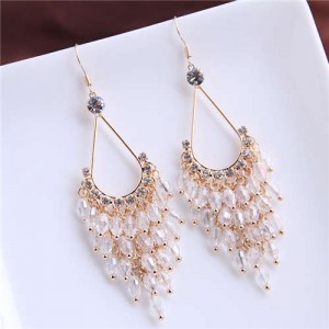 Elegant Crystal Beads High Fashion Women Tassel Drop Earrings - White