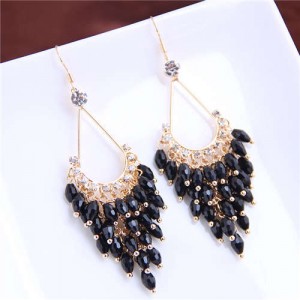 Elegant Crystal Beads High Fashion Women Tassel Drop Earrings - Black