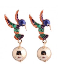 Hummingbird Design Enamel High Fashion Women Earrings - Green and Yellow