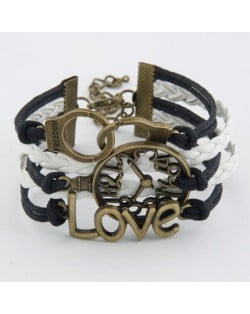 Vintage Love Characters Clock Face with Freedom Handcuffs Pendants Weaving Bracelet