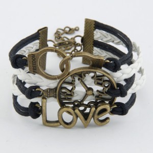 Vintage Love Characters Clock Face with Freedom Handcuffs Pendants Weaving Bracelet