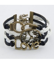 Vintage Love Characters Clock Face with Freedom Handcuffs Pendants Weaving Bracelet