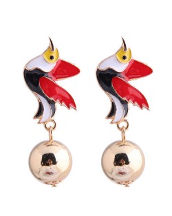 Contrast Colors Bird Design Enamel High Fashion Women Earrings - Red