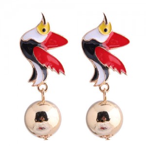 Contrast Colors Bird Design Enamel High Fashion Women Earrings - Red