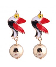 Contrast Colors Bird Design Enamel High Fashion Women Earrings - Red