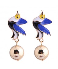 Contrast Colors Bird Design Enamel High Fashion Women Earrings - Blue