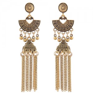 Vintage Bohemian Fashion Alloy Chain Tassel Shoulder-duster Earrings - Golden