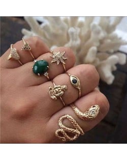 Snake and Buddha Assorted Fashion Elements 7 pcs Golden Rings Combo