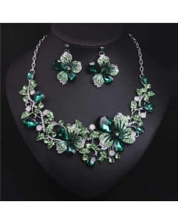 Crystal Graceful Flowers Bridal Fashion Bib Necklace and Earrings Set - Green