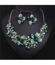 Crystal Graceful Flowers Bridal Fashion Bib Necklace and Earrings Set - Green