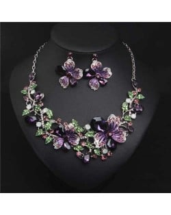 Crystal Graceful Flowers Bridal Fashion Bib Necklace and Earrings Set - Purple