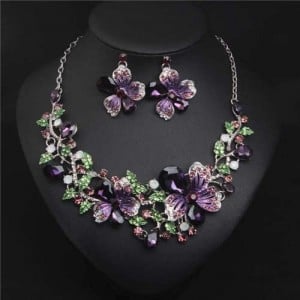 Crystal Graceful Flowers Bridal Fashion Bib Necklace and Earrings Set - Purple