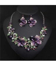 Crystal Graceful Flowers Bridal Fashion Bib Necklace and Earrings Set - Purple