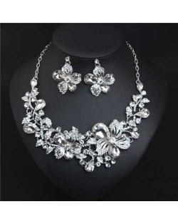 Crystal Graceful Flowers Bridal Fashion Bib Necklace and Earrings Set - White