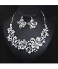 Crystal Graceful Flowers Bridal Fashion Bib Necklace and Earrings Set - White