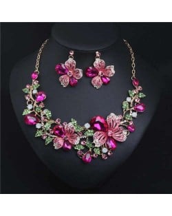 Crystal Graceful Flowers Bridal Fashion Bib Necklace and Earrings Set - Rose