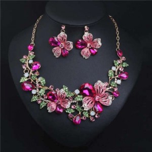 Crystal Graceful Flowers Bridal Fashion Bib Necklace and Earrings Set - Rose