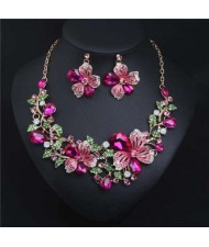 Crystal Graceful Flowers Bridal Fashion Bib Necklace and Earrings Set - Rose